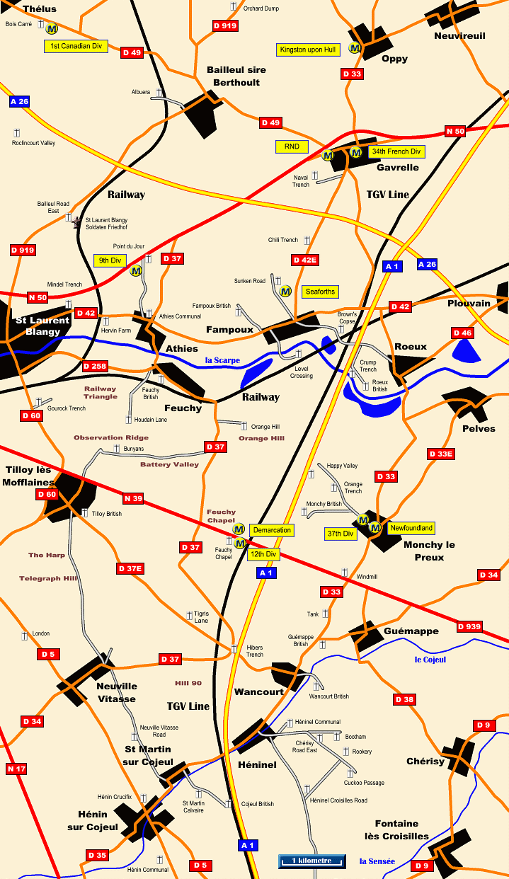 Map showing CWGC Cemeteries on the 3rd Army Battleground