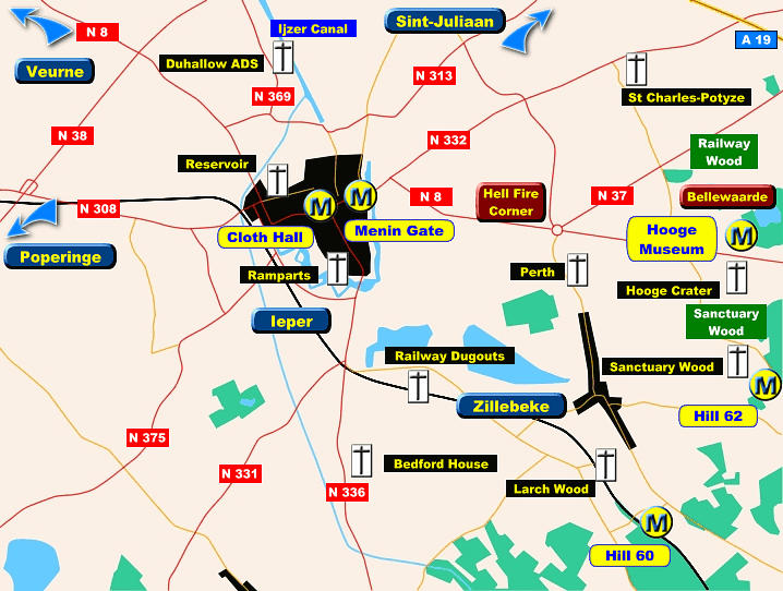 Map: Ieper and the general area around the town