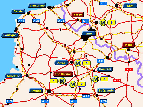 Map showing the location of the five Caribou Memorials of the Royal Newfoundland Regiment