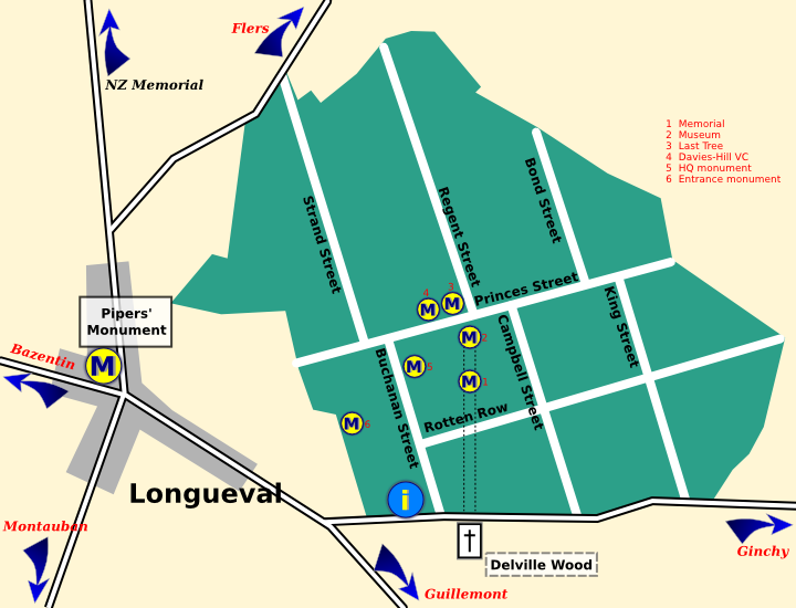 Map of Delville Wood showing monument sites