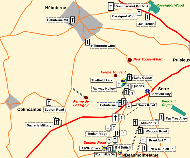 Map showing the general area around Hébuterne and Serre
